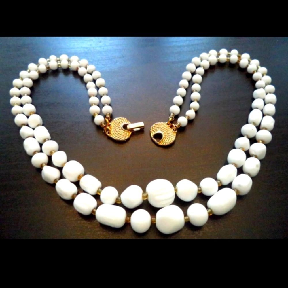 CROWN TRIFARI MILK GLASS DBL STRAND 19" NECKLACE VINTAGE "RARE"